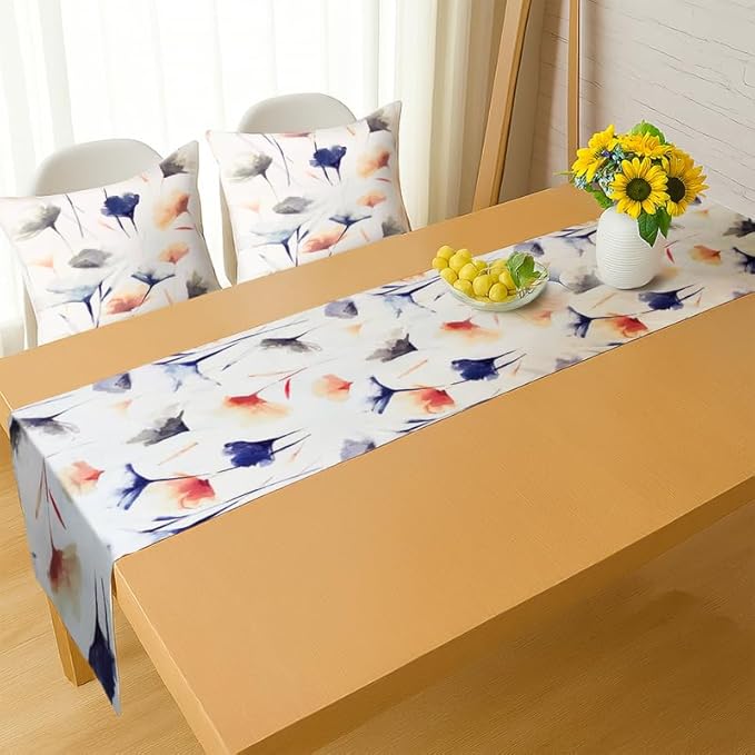 طقم مفرش طاولة وغطاء وسادة من INTEX HOME، بنقشة زهور جنوبية، من مخمل الكتان الفاخر، مفرش طاولة واحد بطرف مستقيم 45×140 سم ووسادتان بمقاس 45×45 سم، مصنوع من قماش مقاوم للتجاعيد لغرفة المعيشة أو غرفة النوم 