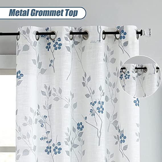 Natural Linen  Printed Floral Curtain - Steel grommets
