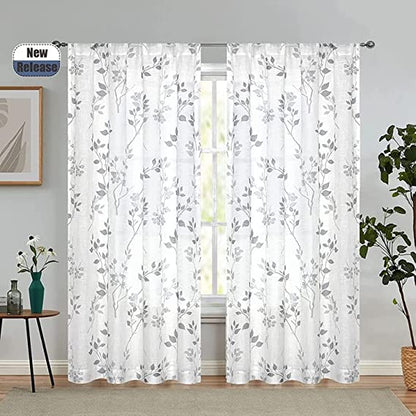 Natural Linen  Printed Floral Curtain - Steel grommets
