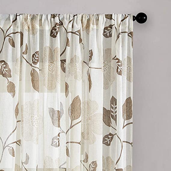 Linen Floral Semi Transparent Curtain - Rod Pocket
