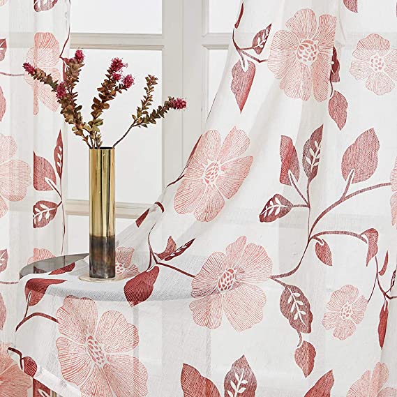 Linen Floral Semi Transparent Curtain - Rod Pocket