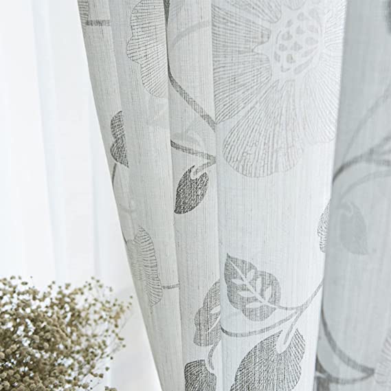 Linen Floral Semi Transparent Curtain - Rod Pocket