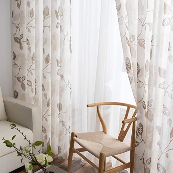 Linen Floral Semi Transparent Curtain - Rod Pocket