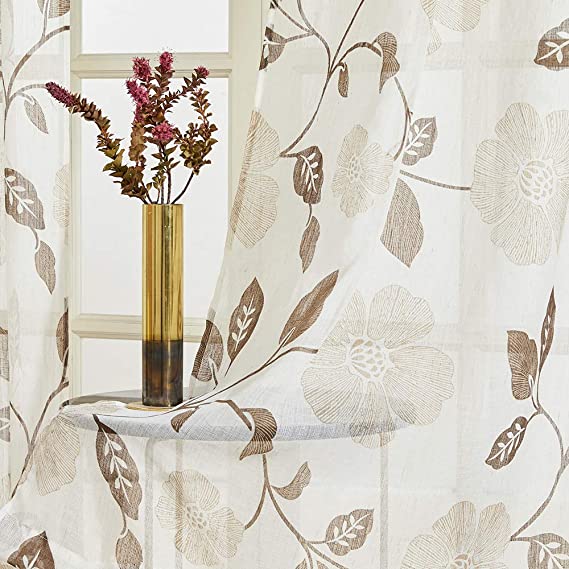 Linen Floral Semi Transparent Curtain - Rod Pocket