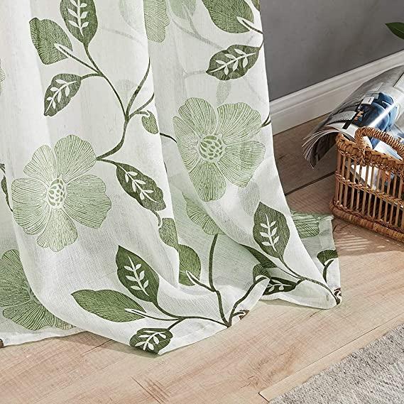 Linen Floral Semi Transparent Curtain - Rod Pocket