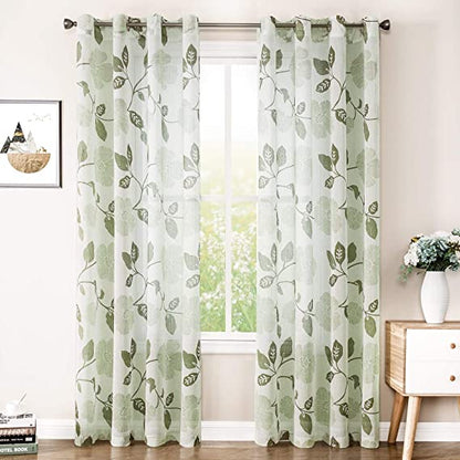 Natural Linen Floral Curtain - Steel grommets