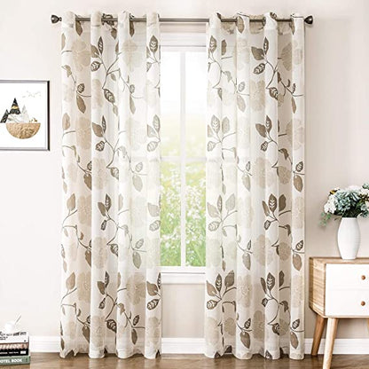 Natural Linen Floral Curtain - Steel grommets