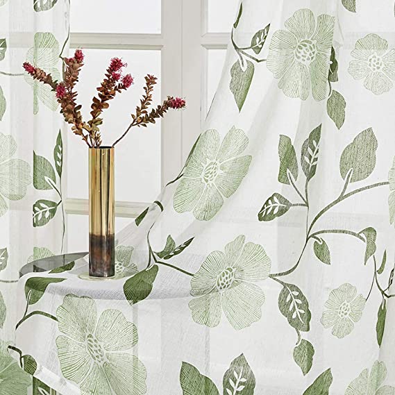 Linen Floral Semi Transparent Curtain - Rod Pocket