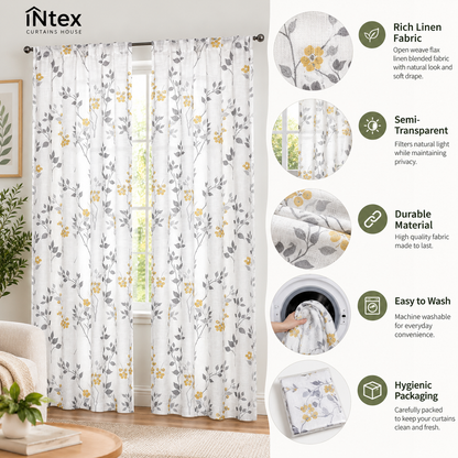 INtex CURTAINS HOUSE Rich Natural Linen curtains - Printed floral curtains- Semi-transparent - Road Pocket grommets for living room, bedroom, kitchens, 1 piece