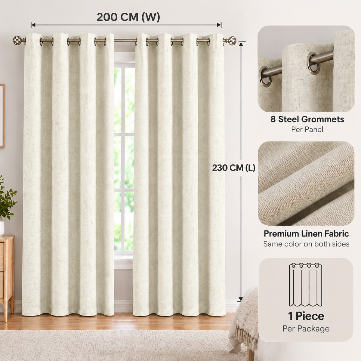 Intex Curtains House Linen Blackout Curtain – 100% Blackout, Sun Zero, Full Room Darkening – Thermal Insulated Fabric – Silver Steel Grommets – 1 Piece