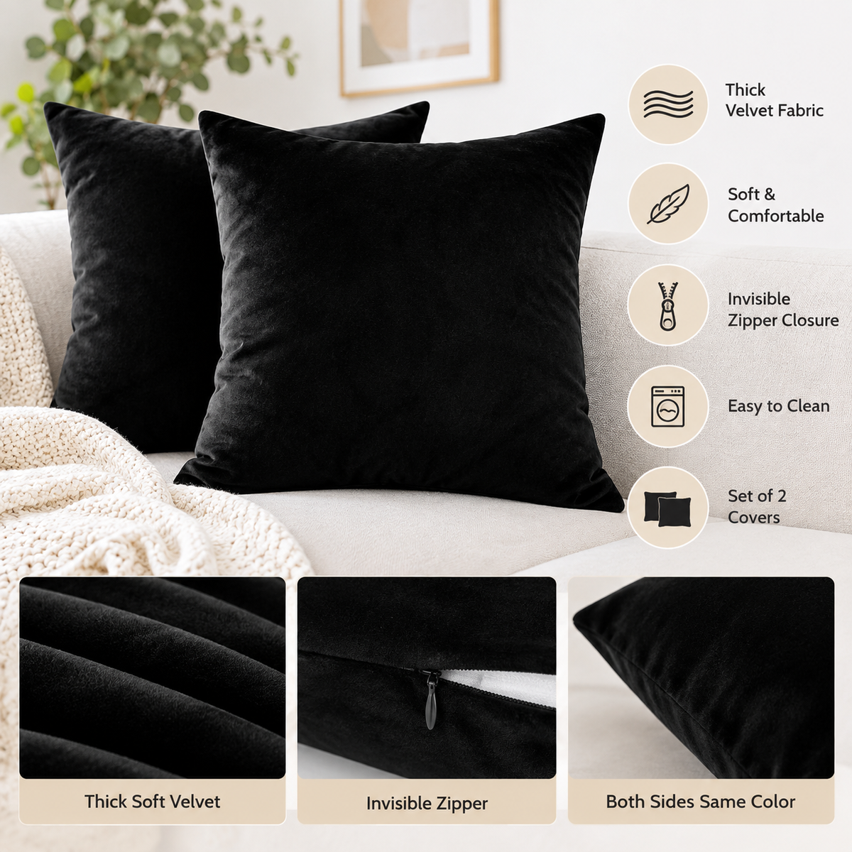 INtex CURTAINS HOUSE Soft Thick Velvet Throw Pillow Covers Decorative Square Cushion Cover For Couch Sofa Bedroom Living Room - set of 2 Pieces