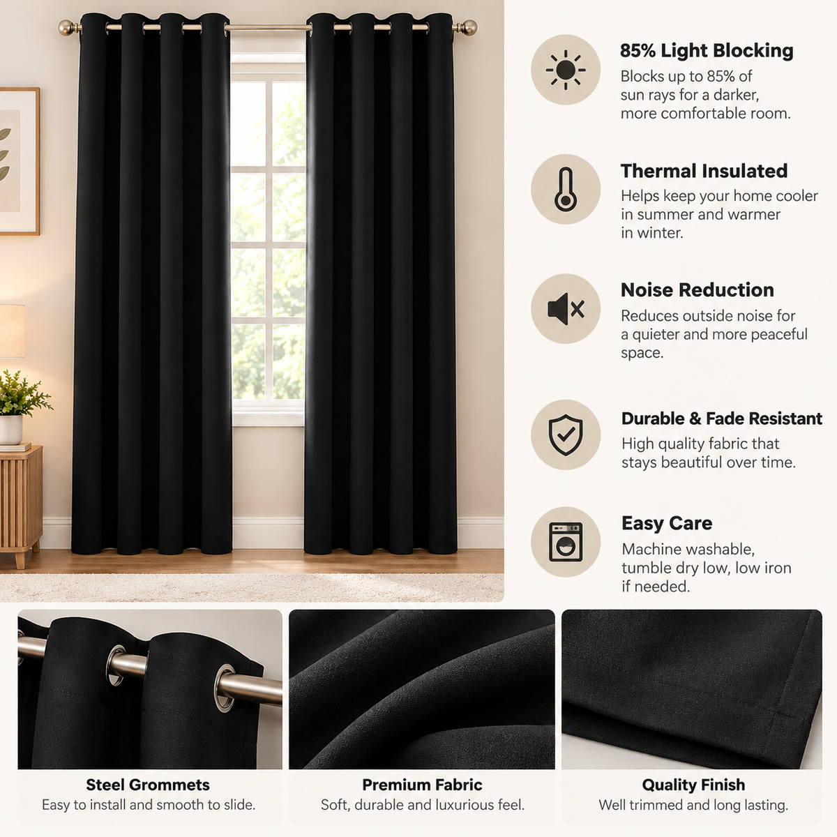 Intex Curtains House Black Blackout Curtain – Steel Grommets – Thermal Insulated Fabric – Room Darkening – 1 Panel