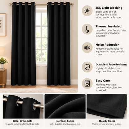 Intex Curtains House Black Blackout Curtain – Steel Grommets – Thermal Insulated Fabric – Room Darkening – 1 Panel