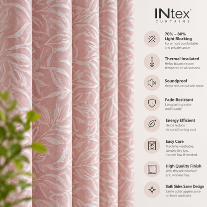 INTEX Curtains House – Linen Velvet Curtain, Pink Printed Leaves, Sheer, with Steel Grommets (1 Panel)
