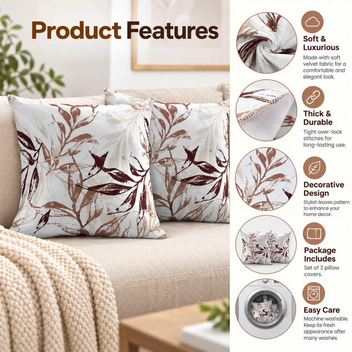 INtex CURTAINS HOUSE Printed Linen Velvet Cushion Covers, Throw Pillow Covers, Leaves Pattern Decorative Pillow Covers, Set of 2 Pieces
