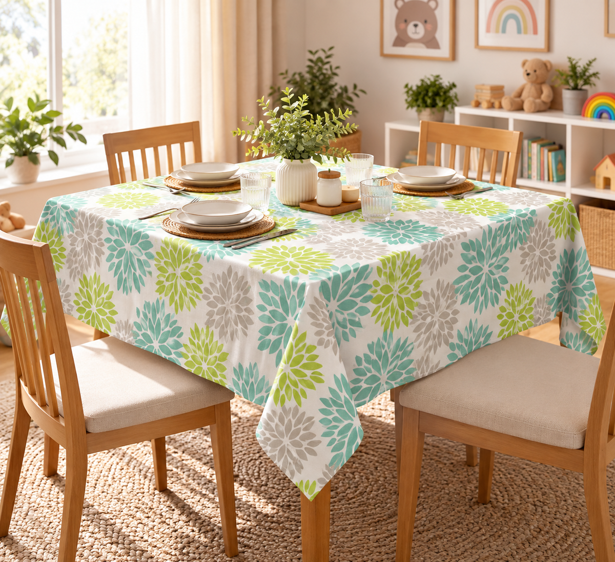 Aqua & Green Floral Linen Velvet Tablecloth, Textured, Spill-Proof, Wrinkle-Resistant, Ultra-Soft, 1 Piece