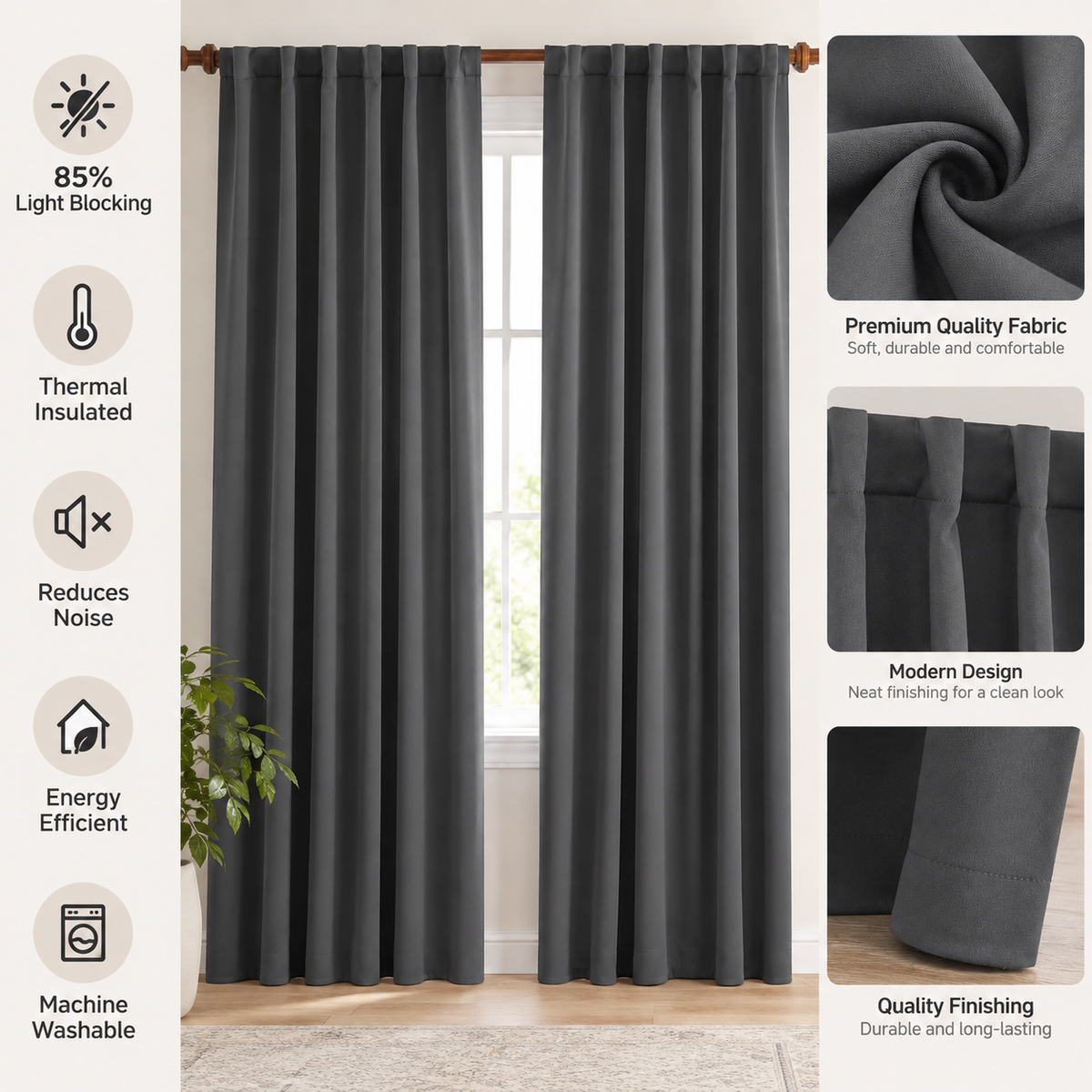Intex Curtains House Elegant Blackout Curtain – Back Tab Design – Thermal Insulated Fabric – Room Darkening – 1 Piece
