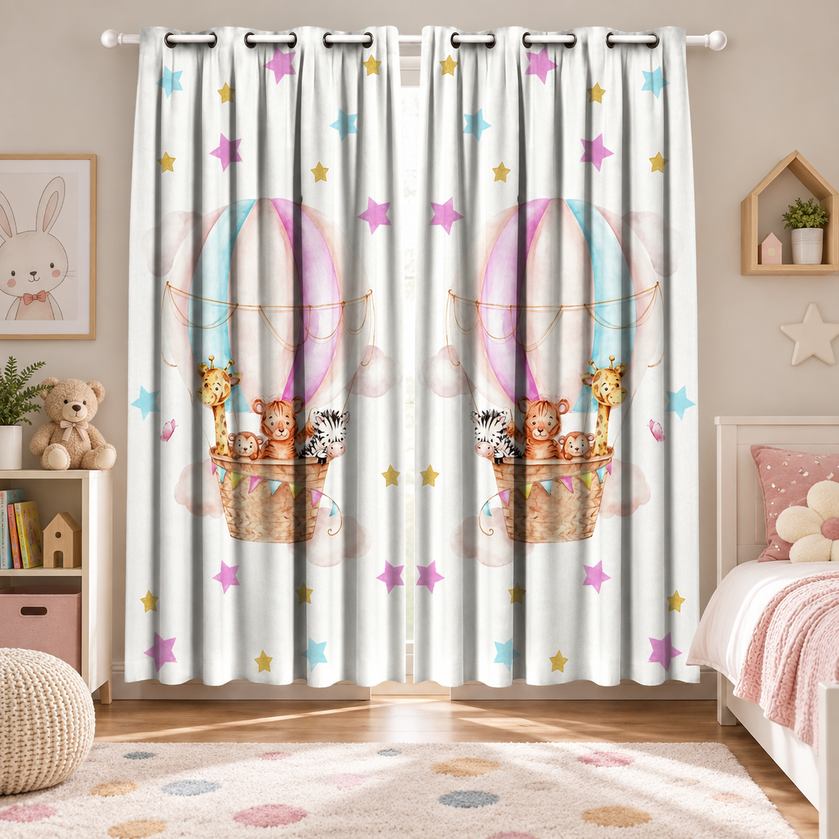 Intex Baby Girl Balloons & Safari Animals Linen-Velvet Privacy Curtains – Steel Grommets, Set of 2