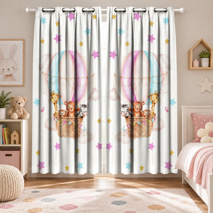 Intex Baby Girl Balloons & Safari Animals Linen-Velvet Privacy Curtains – Steel Grommets, Set of 2