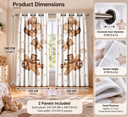Intex Kids' Bear, Balloon & Cloud Linen-Velvet Privacy Curtains – Steel Grommets, Set of 2