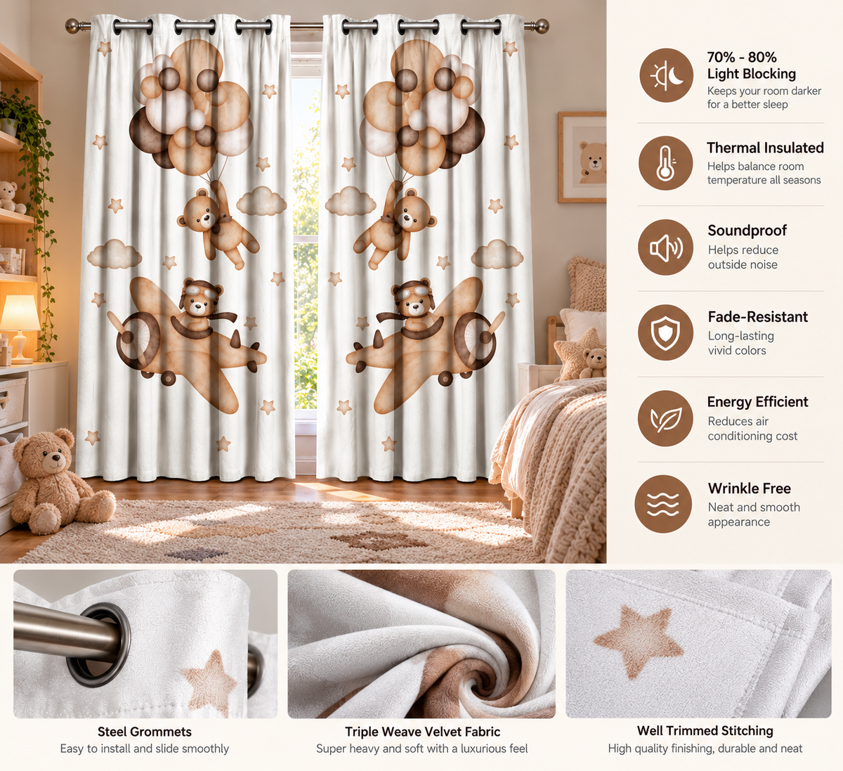Intex Kids' Bear, Balloon & Cloud Linen-Velvet Privacy Curtains – Steel Grommets, Set of 2