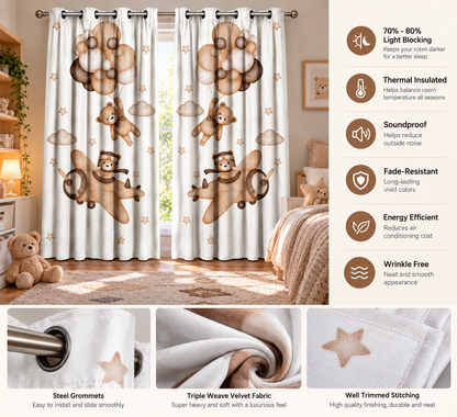 Intex Kids' Bear, Balloon & Cloud Linen-Velvet Privacy Curtains – Steel Grommets, Set of 2
