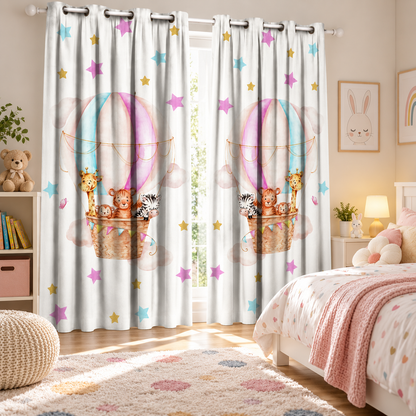 Intex Baby Girl Balloons & Safari Animals Linen-Velvet Privacy Curtains – Steel Grommets, Set of 2