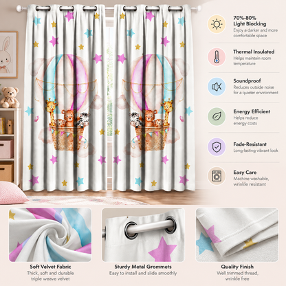 Intex Baby Girl Balloons & Safari Animals Linen-Velvet Privacy Curtains – Steel Grommets, Set of 2
