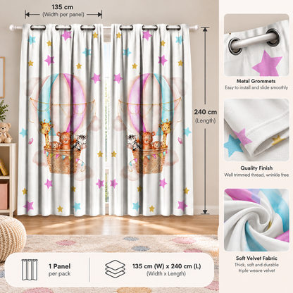 Intex Baby Girl Balloons & Safari Animals Linen-Velvet Privacy Curtains – Steel Grommets, Set of 2