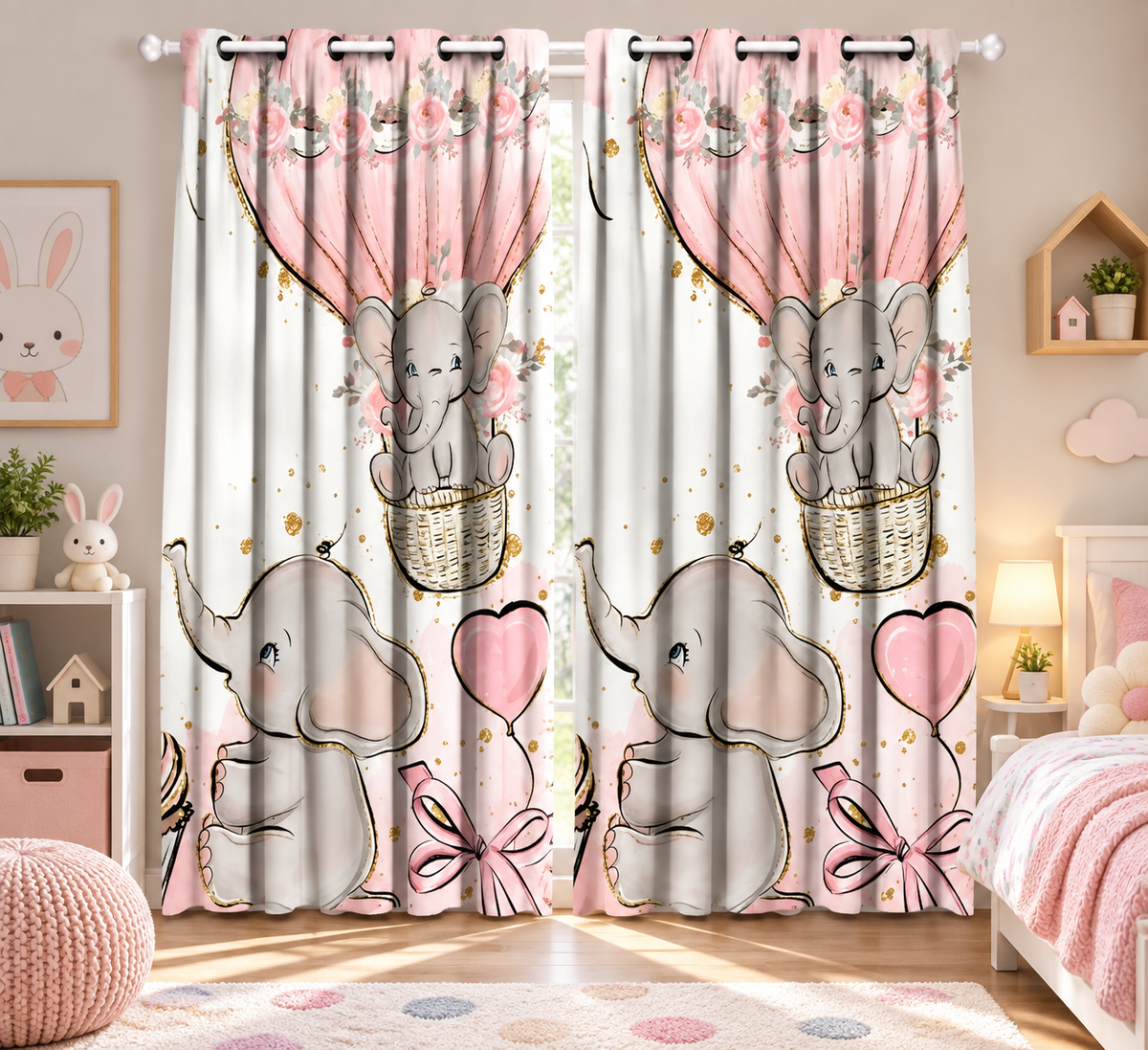 Intex Kids' Room Baby Girl Elephants & Balloons Linen-Velvet Privacy Curtains – Steel Grommets, Set of 2