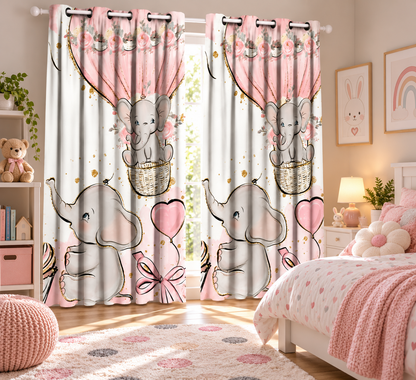 Intex Kids' Room Baby Girl Elephants & Balloons Linen-Velvet Privacy Curtains – Steel Grommets, Set of 2