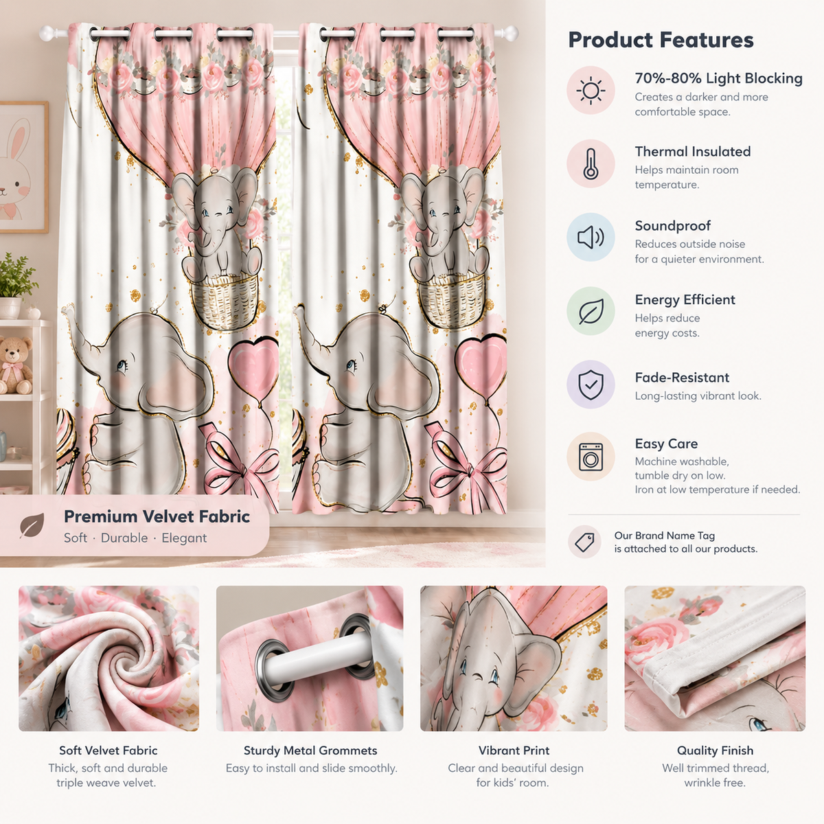 Intex Kids' Room Baby Girl Elephants & Balloons Linen-Velvet Privacy Curtains – Steel Grommets, Set of 2