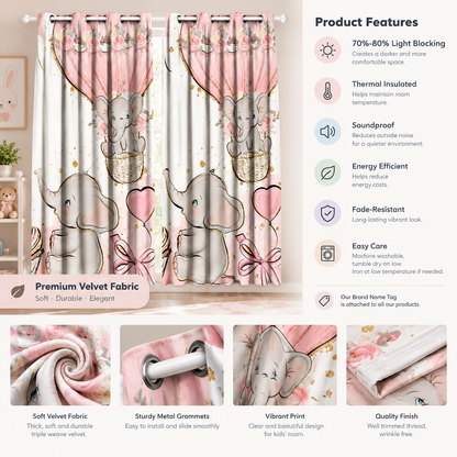 Intex Kids' Room Baby Girl Elephants & Balloons Linen-Velvet Privacy Curtains – Steel Grommets, Set of 2