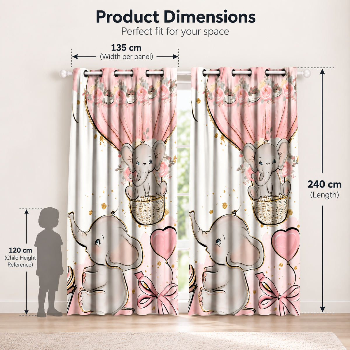 Intex Kids' Room Baby Girl Elephants & Balloons Linen-Velvet Privacy Curtains – Steel Grommets, Set of 2
