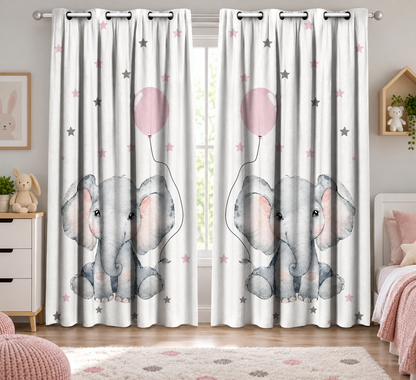 Intex Kids' Room Baby Girl Elephant Balloon & Stars Linen-Velvet Privacy Curtains – Steel Grommets, Set of 2