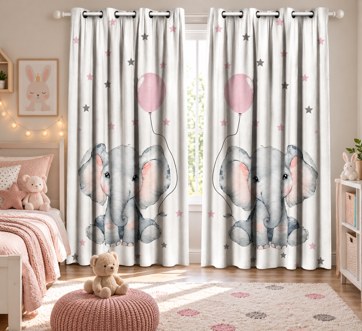 Intex Kids' Room Baby Girl Elephant Balloon & Stars Linen-Velvet Privacy Curtains – Steel Grommets, Set of 2