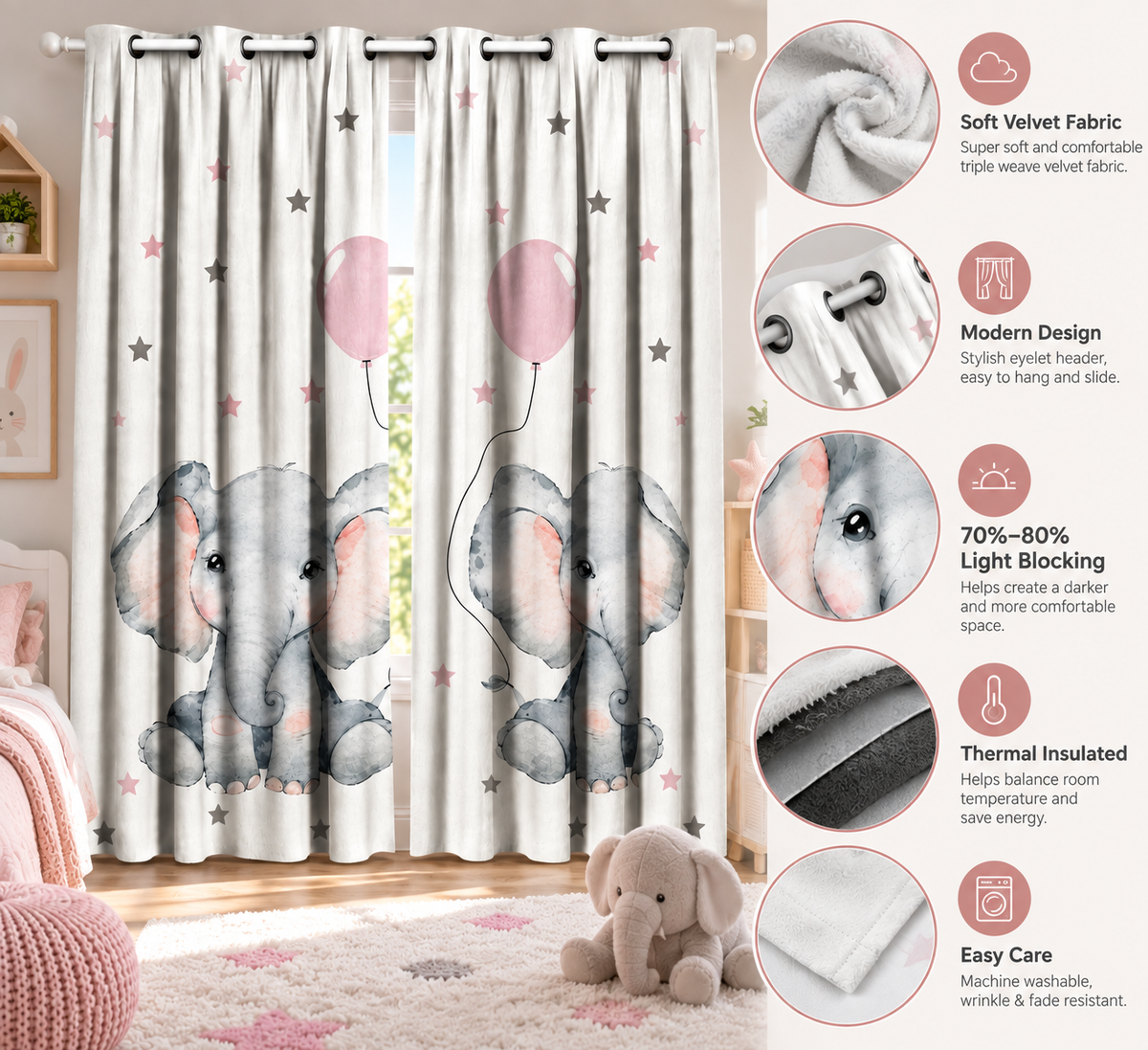 Intex Kids' Room Baby Girl Elephant Balloon & Stars Linen-Velvet Privacy Curtains – Steel Grommets, Set of 2