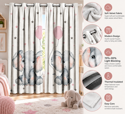 Intex Kids' Room Baby Girl Elephant Balloon & Stars Linen-Velvet Privacy Curtains – Steel Grommets, Set of 2