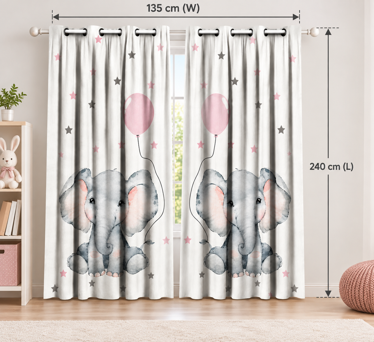 Intex Kids' Room Baby Girl Elephant Balloon & Stars Linen-Velvet Privacy Curtains – Steel Grommets, Set of 2