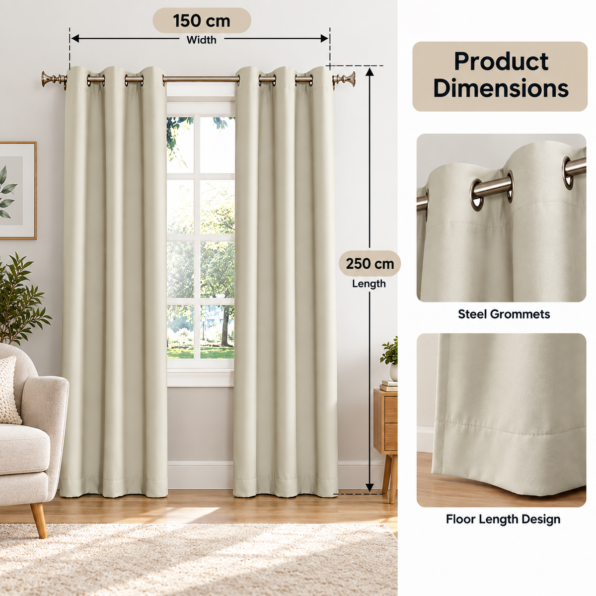 Intex Curtains House Off-White Blackout Curtain – Steel Grommets – Thermal Insulated Fabric – Room Darkening – 1 Panel