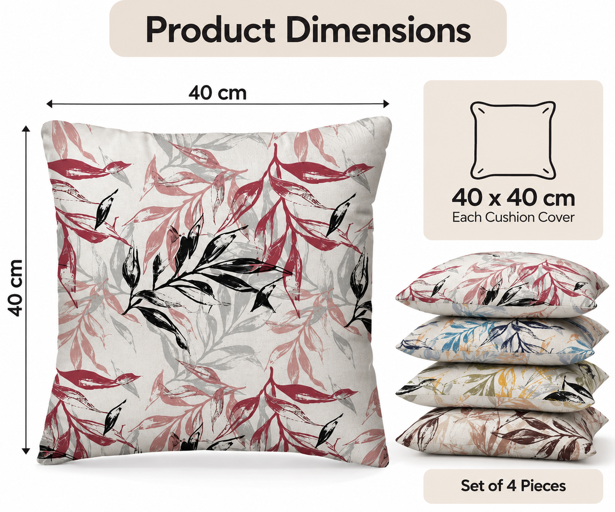 INtex CURTAINS HOUSE Printed Linen Velvet Cushion Covers, Throw Pillow Covers, Leaves Pattern Decorative Pillow Covers, Set of 4 Pieces Multicolor