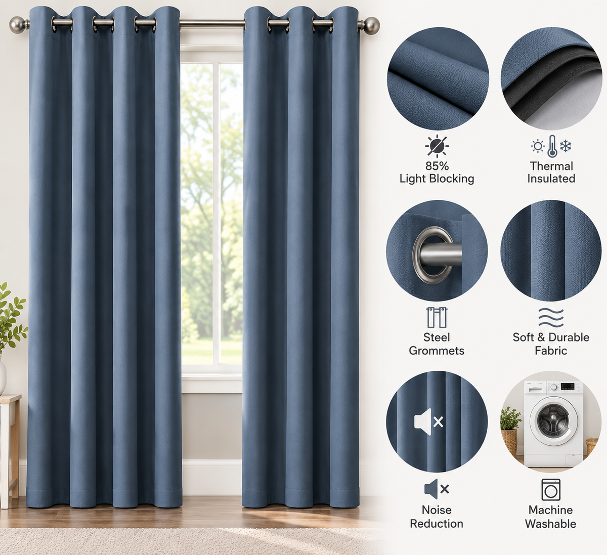 Intex Curtains House Petrol Blue Blackout Curtain – Steel Grommets – Thermal Insulated Fabric – Room Darkening – 1 Panel