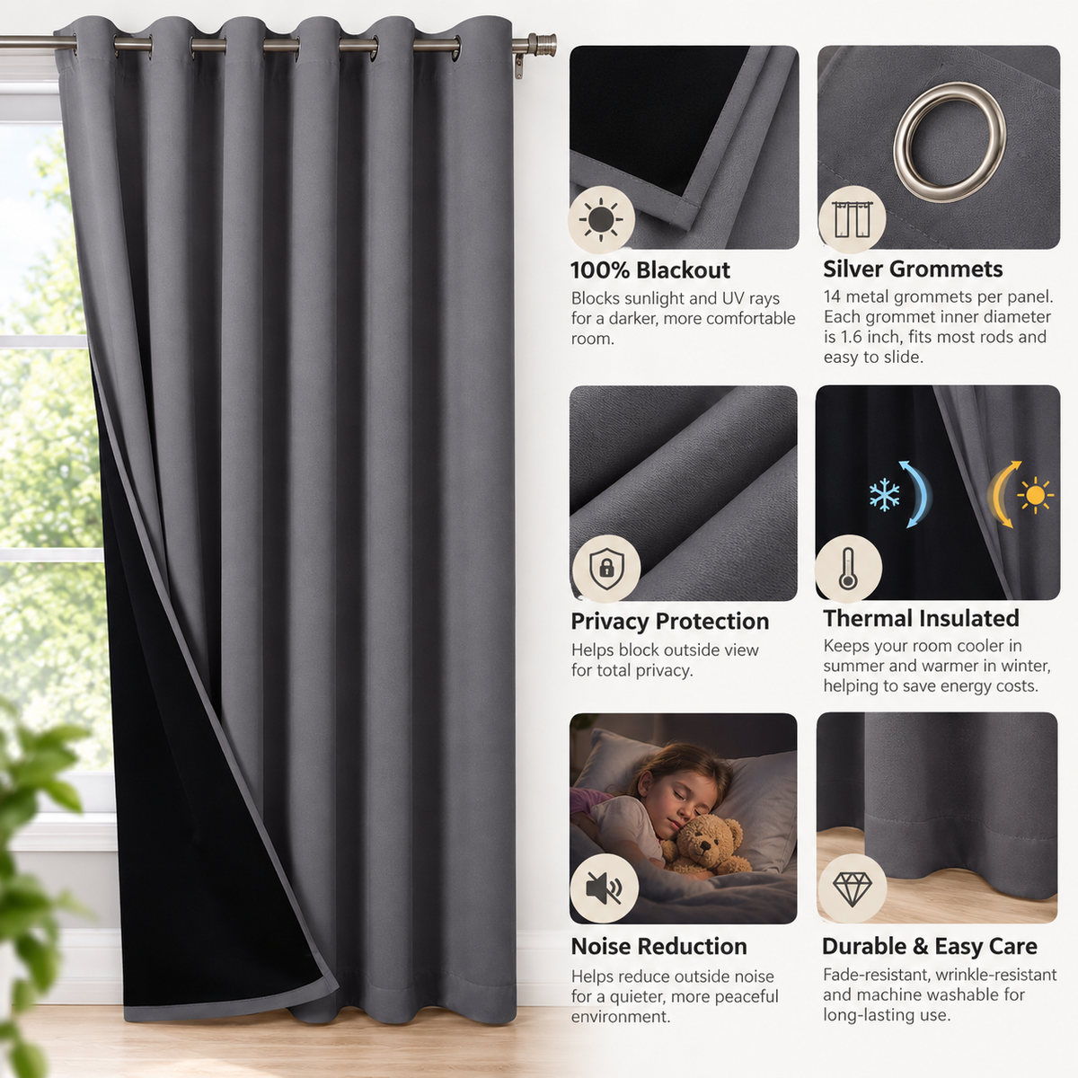 Intex Curtains House 100% Blackout Curtains – Thermal Insulated, Double-Layer Fabric – Full Room Darkening