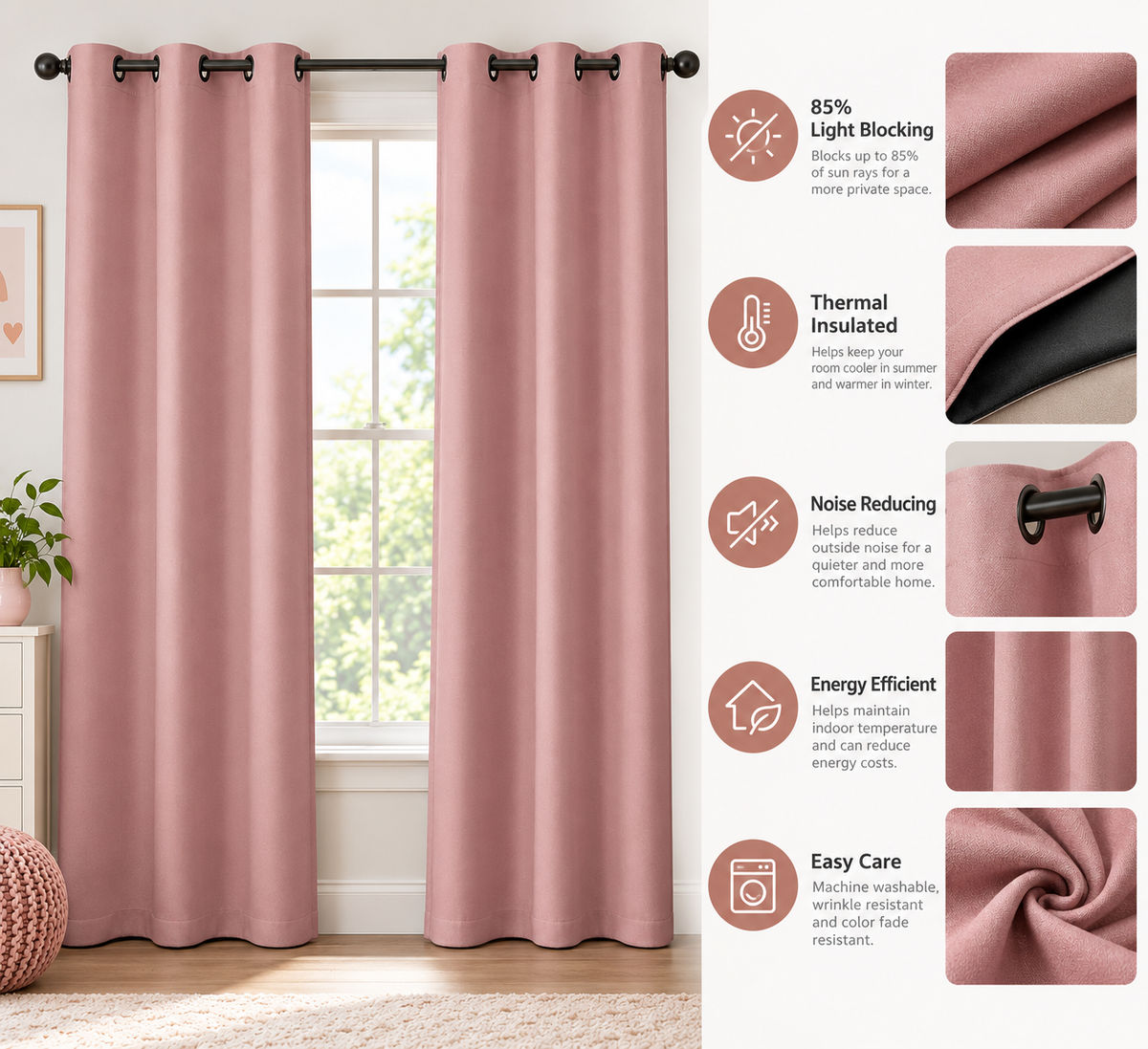 ستائر التعتيم الوردية من INtex CURTAINS HOUSE - حلقات فولاذية - قماش عازل حراريًا - لظلام الغرفة - لوحة واحدة