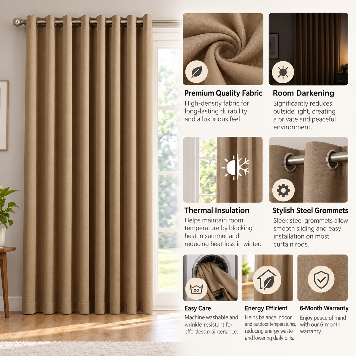 Intex Curtains House Blackout Curtain – Soft Peachy Texture, Thermal Insulating, Silver Steel Grommets – for Living Rooms & Bedrooms – 1 Panel
