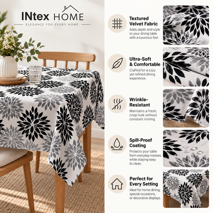 Black & Grey Floral Linen Velvet Tablecloth, Textured, Spill-Proof, Wrinkle-Resistant, Ultra-Soft, 1 Piece