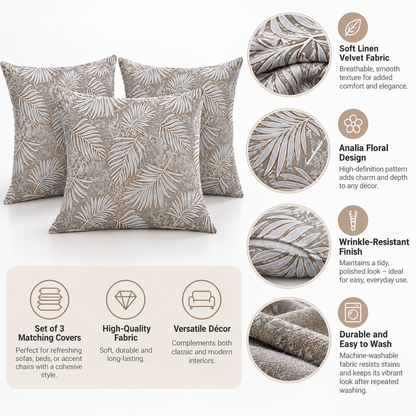 INTEX Home Analia Floral Cushion Covers, Linen Velvet, Wrinkle-Resistant, Ultra-Soft, 40 × 40 cm, Set of 3
