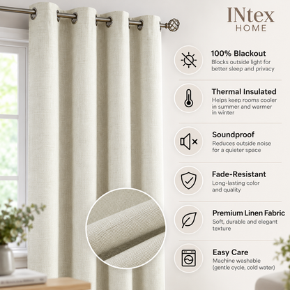 Intex Curtains House Linen Blackout Curtain – 100% Blackout, Sun Zero, Full Room Darkening – Thermal Insulated Fabric – Silver Steel Grommets – 1 Piece