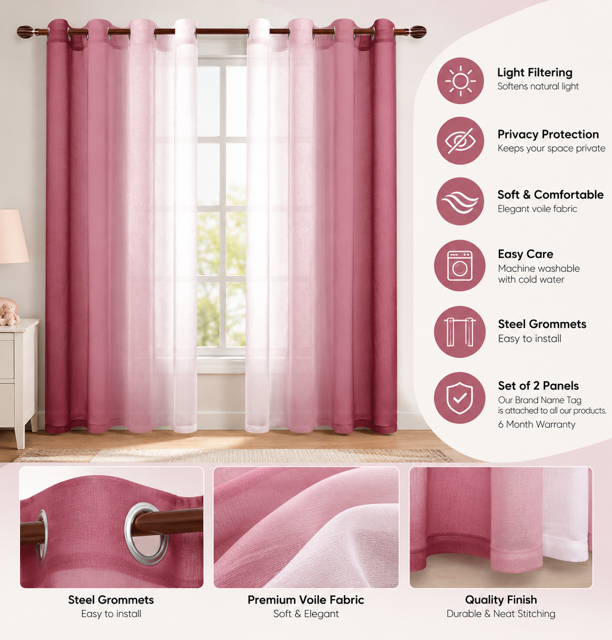INtex CURTAINS HOUSE Modern Design Voile chiffon Curtains - Gradient colours- steel Grommets - 2 pieces - for living rooms and bedrooms