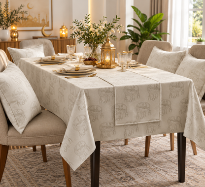 Ramadan Vibes 4-Piece Table Set, Premium Chenille, Tablecloth, Runner & 2 Cushion Covers
